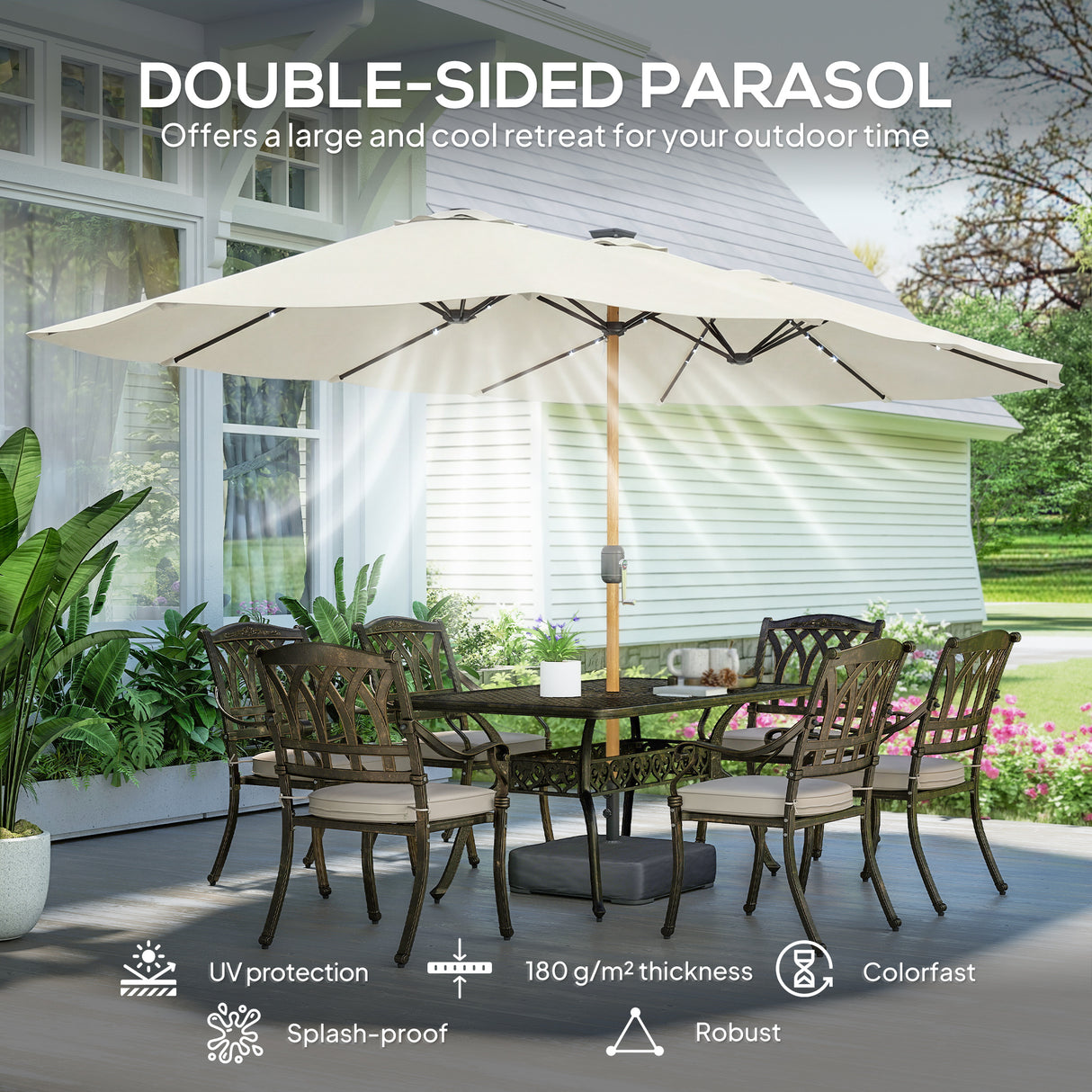 Polyester Double Sided Parasol Umbrella With LED Solar Light And Base 459cm Width x 266cm Depth - Velmora