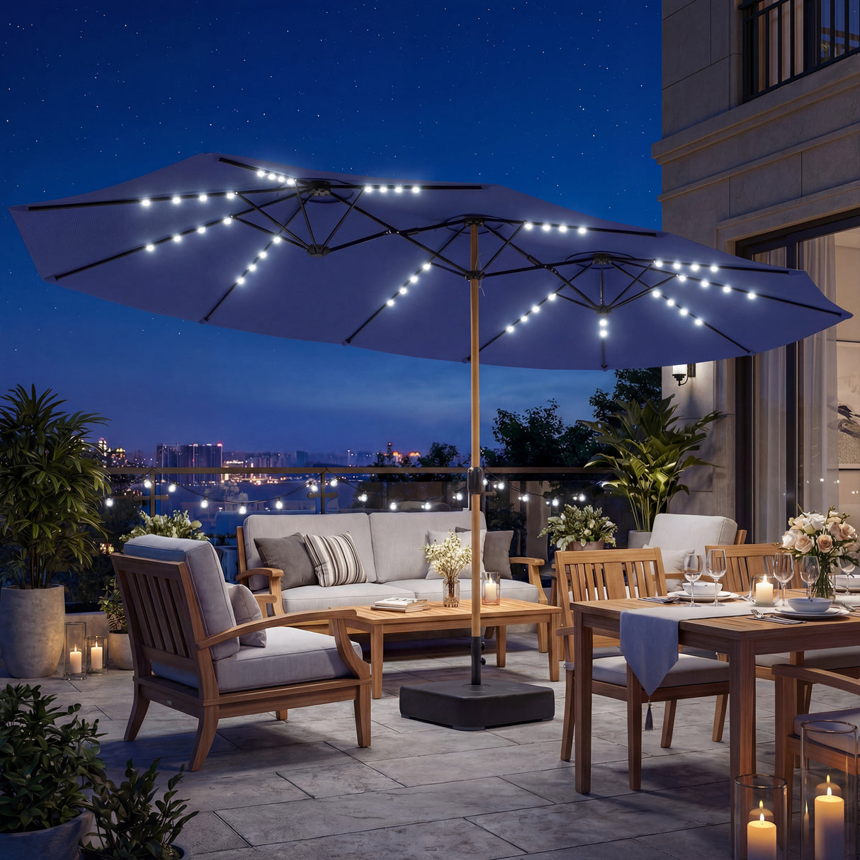 Polyester Double Sided Parasol Umbrella With LED Solar Light And Base 459cm Width x 266cm Depth - Velmora