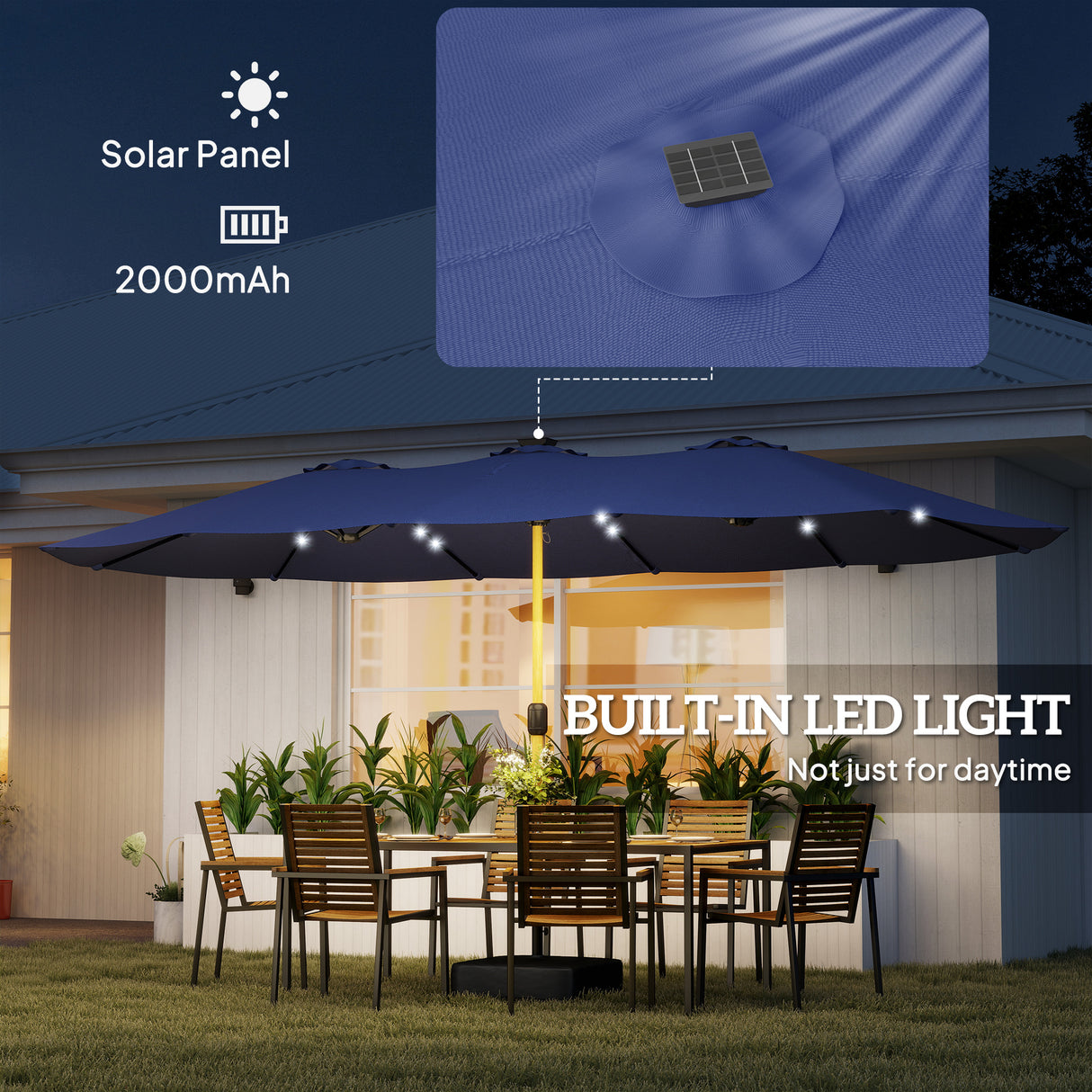 Polyester Double Sided Parasol Umbrella With LED Solar Light And Base 459cm Width x 266cm Depth - Velmora