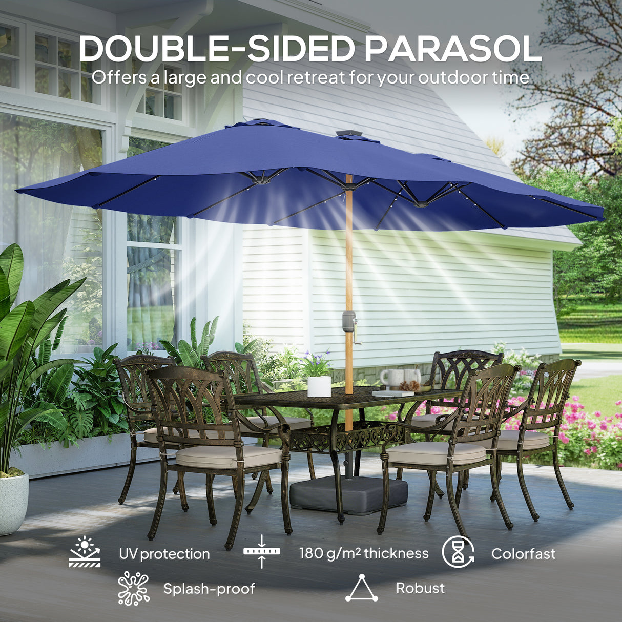 Polyester Double Sided Parasol Umbrella With LED Solar Light And Base 459cm Width x 266cm Depth - Velmora
