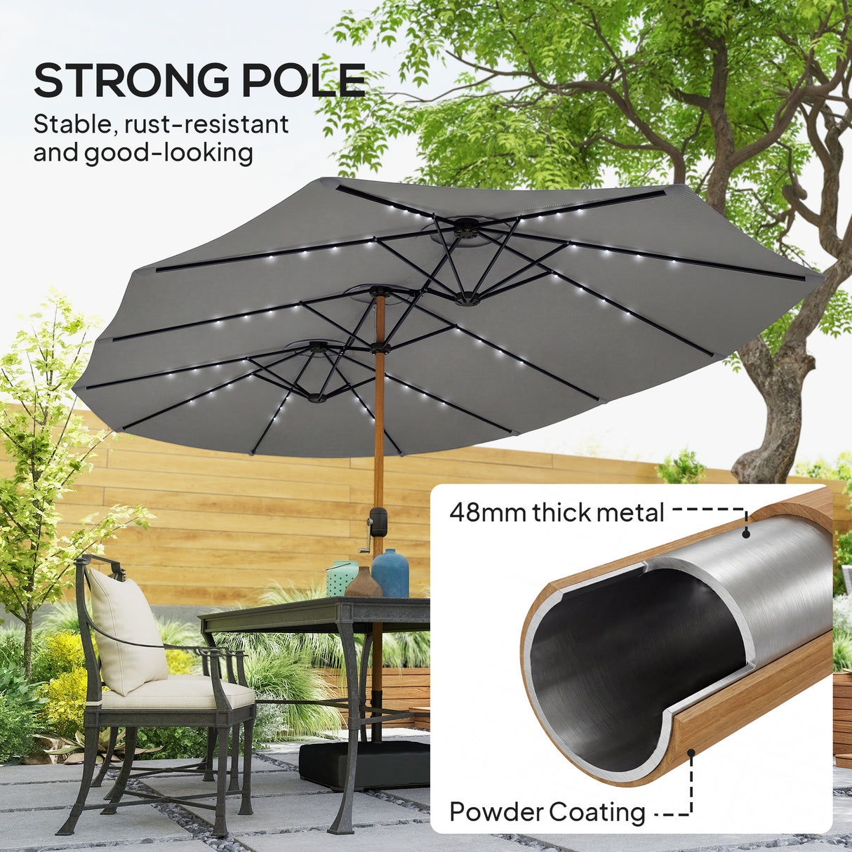 Polyester Double Sided Parasol Umbrella With LED Solar Light And Base 459cm Width x 266cm Depth - Velmora