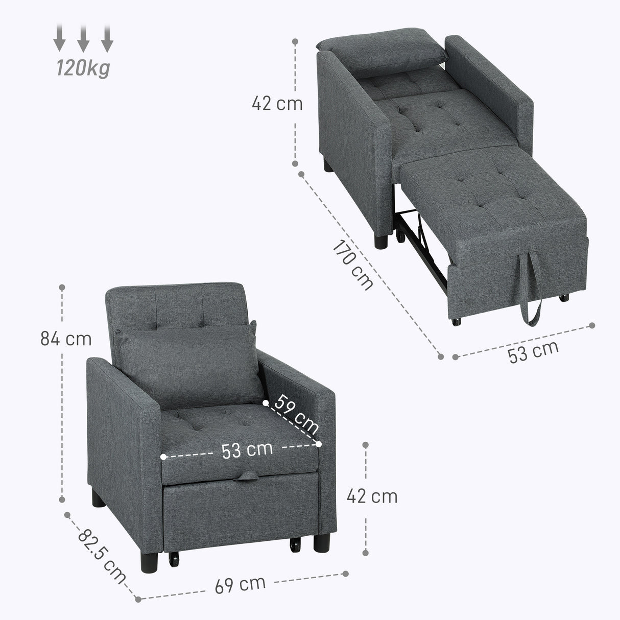 Polyester Fabric 1 Seater Sofa Bed 69cm Wide With 1 Pillow - Velmora