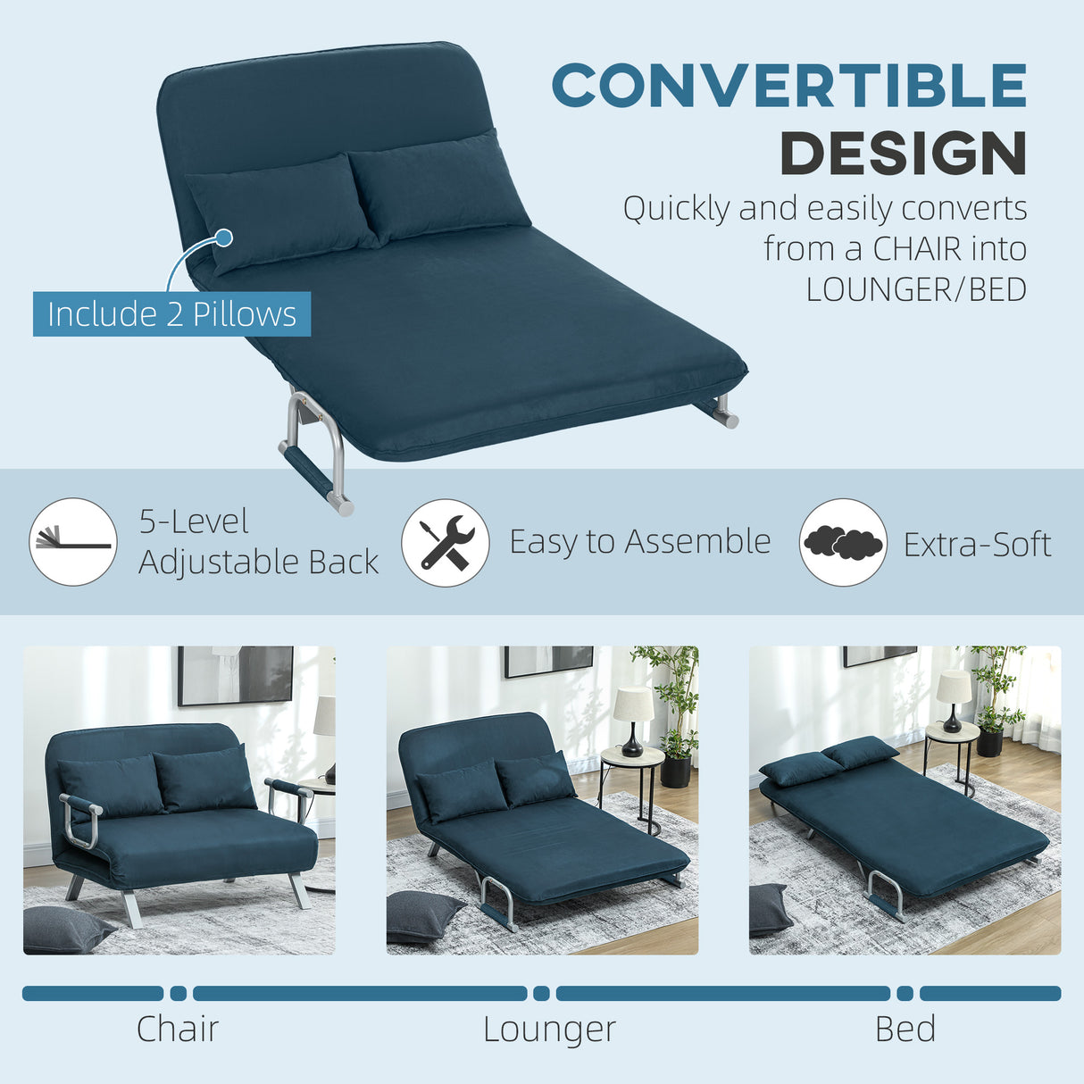 Polyester Fabric 2 Seater Sofa Bed 111cm Wide - Velmora