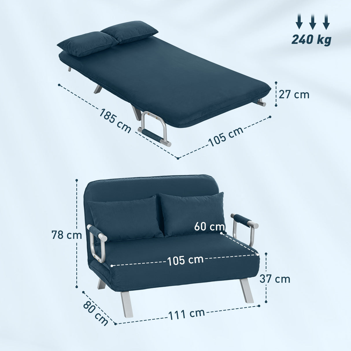 Polyester Fabric 2 Seater Sofa Bed 111cm Wide - Velmora
