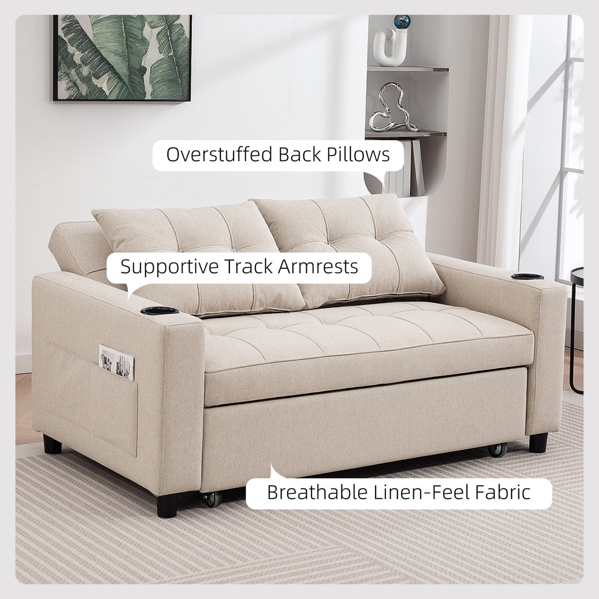 Polyester Fabric 2 Seater Sofa Bed 157cm Wide With 2 Pillows - Velmora