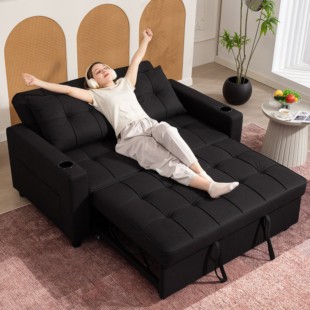 Polyester Fabric 2 Seater Sofa Bed 157cm Wide With 2 Pillows - Velmora