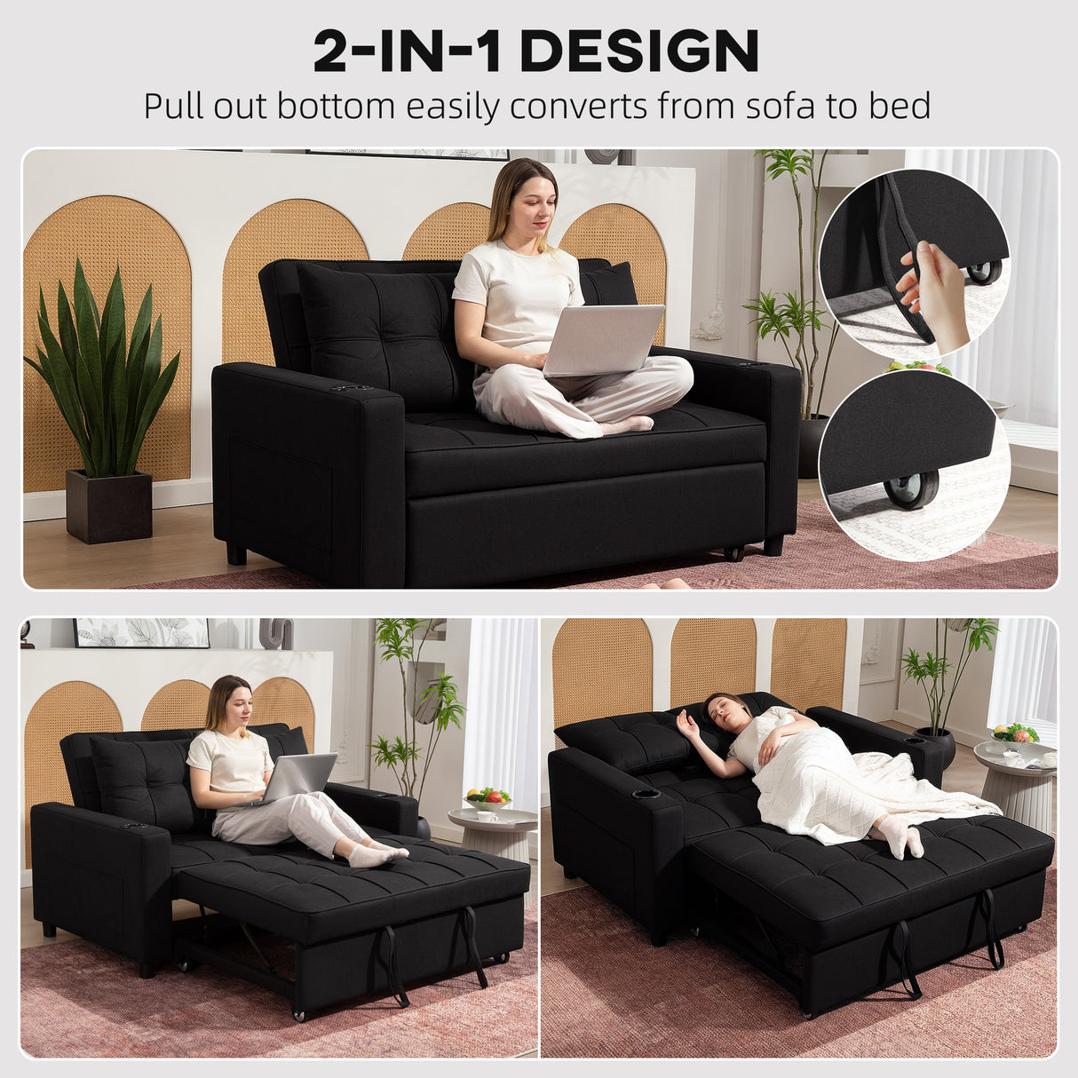 Polyester Fabric 2 Seater Sofa Bed 157cm Wide With 2 Pillows - Velmora