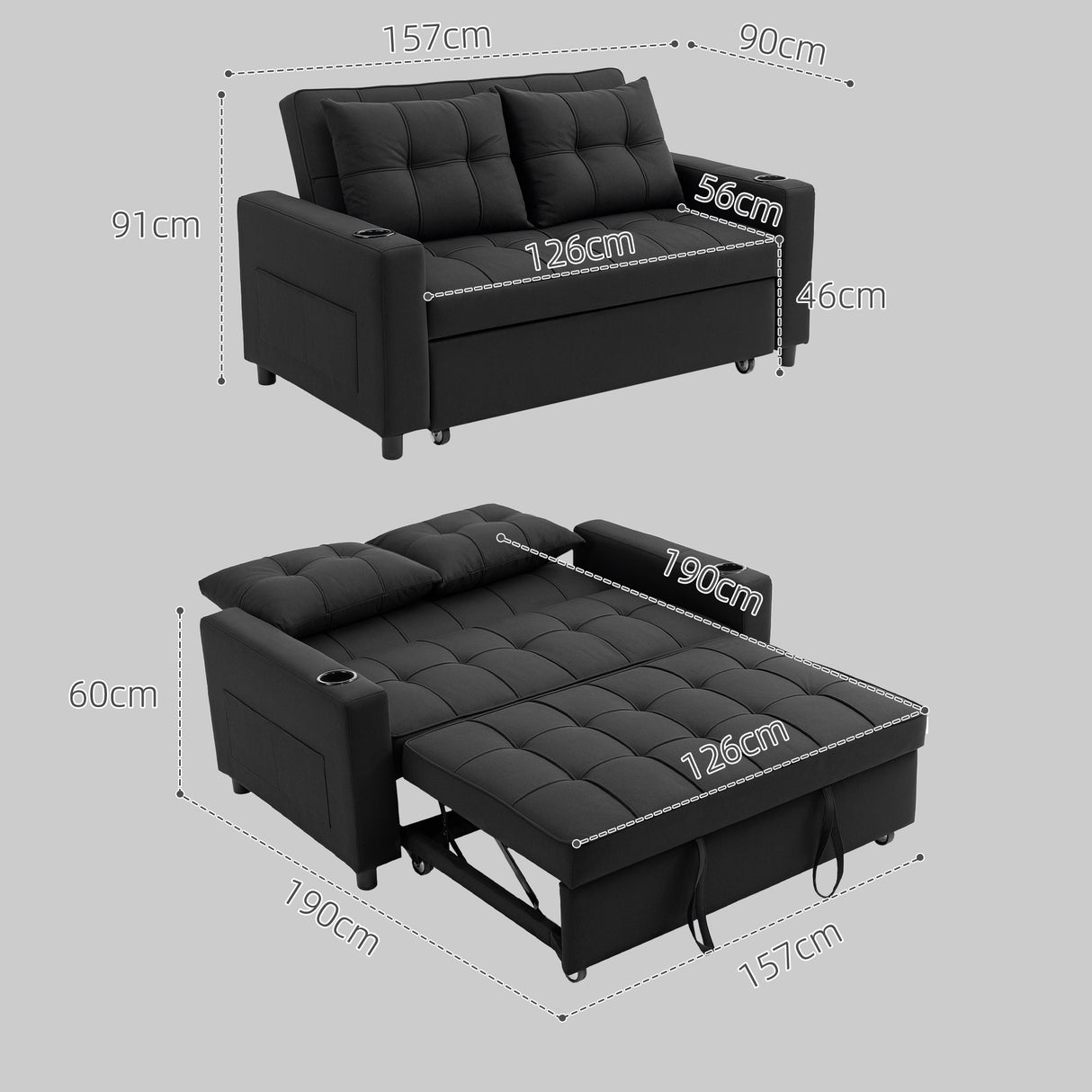 Polyester Fabric 2 Seater Sofa Bed 157cm Wide With 2 Pillows - Velmora