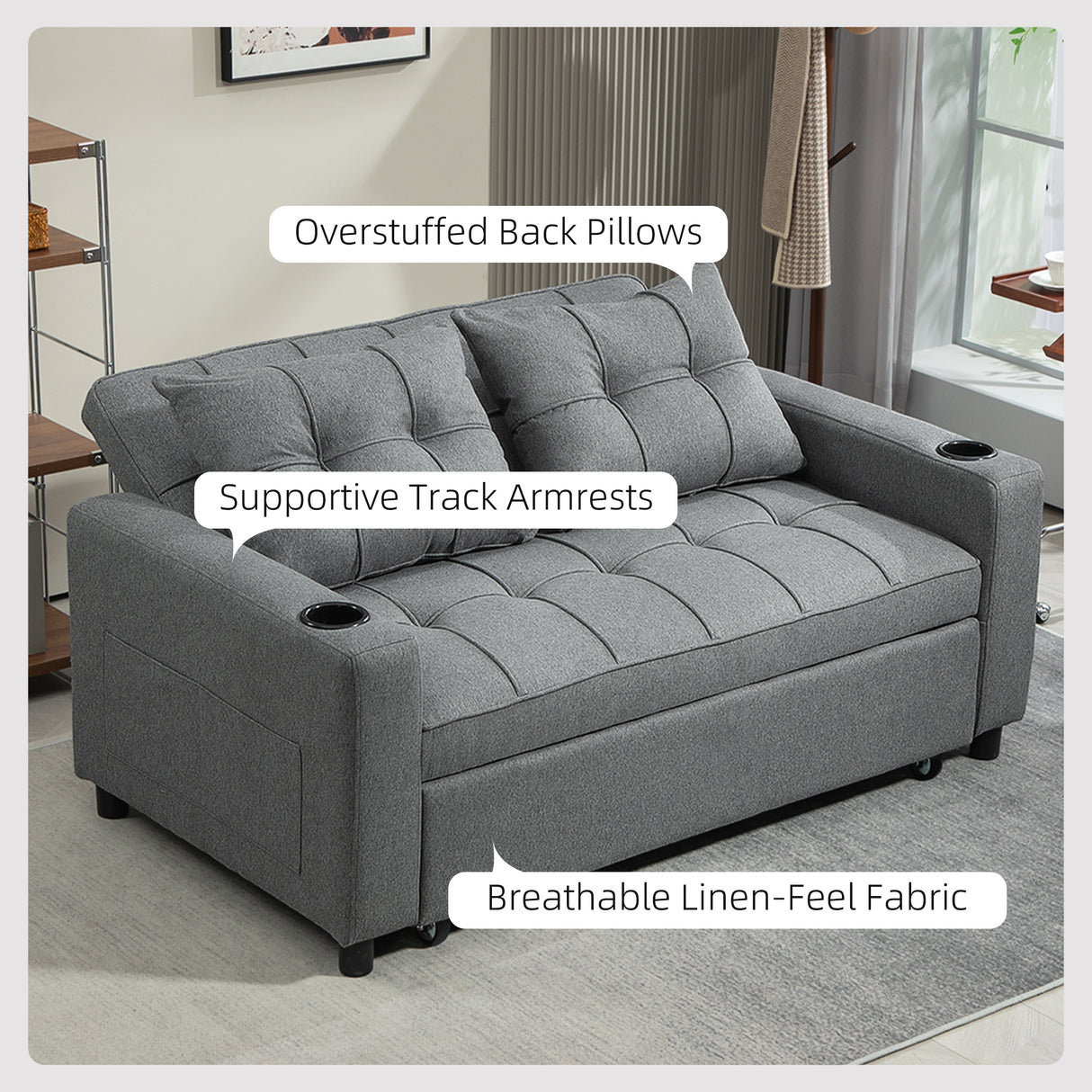 Polyester Fabric 2 Seater Sofa Bed 157cm Wide With 2 Pillows - Velmora
