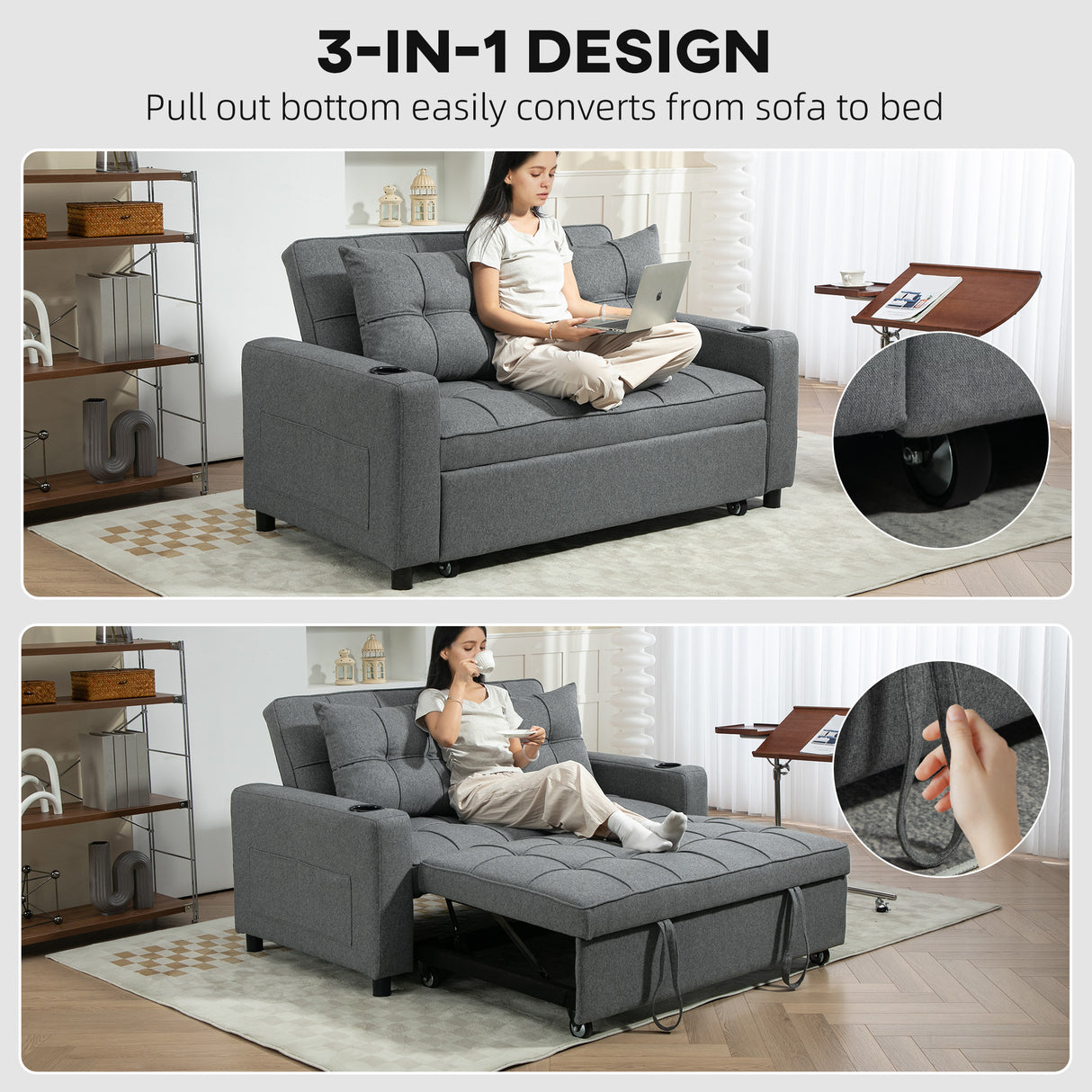 Polyester Fabric 2 Seater Sofa Bed 157cm Wide With 2 Pillows - Velmora
