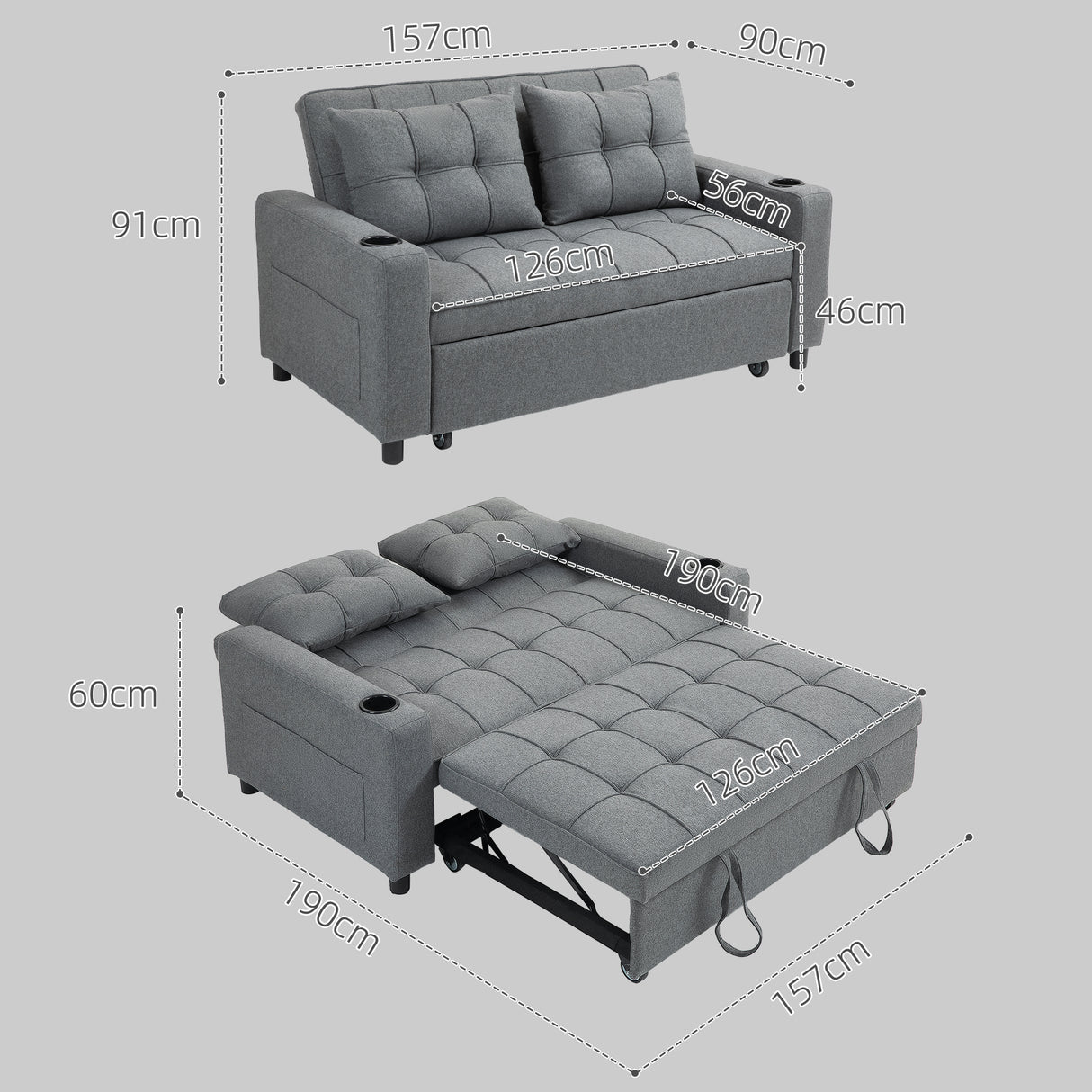 Polyester Fabric 2 Seater Sofa Bed 157cm Wide With 2 Pillows - Velmora