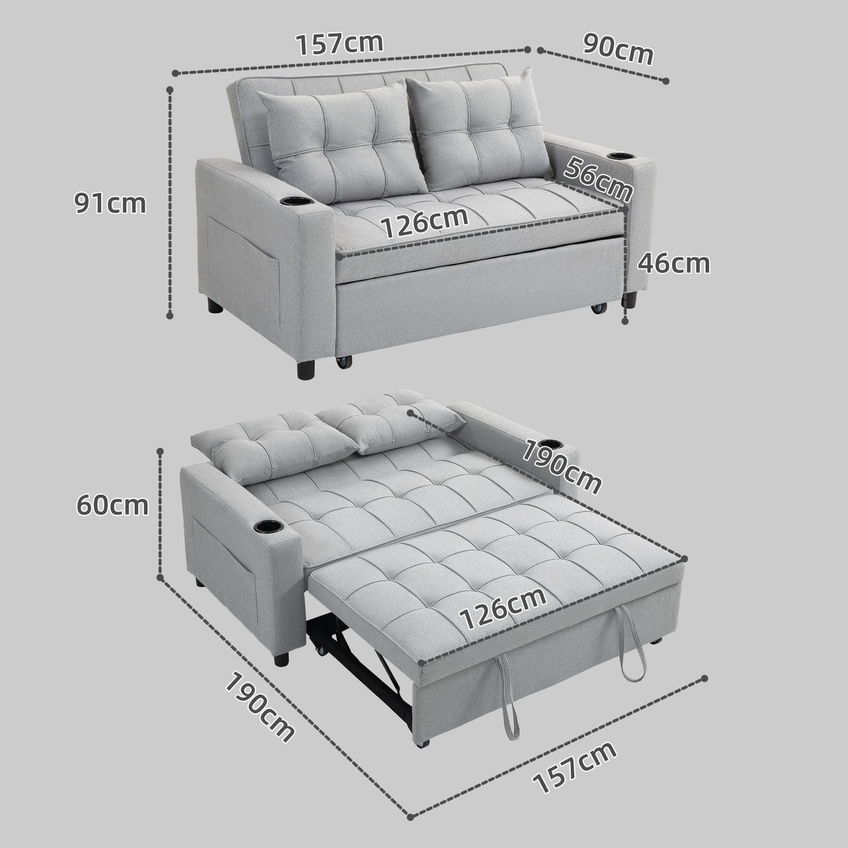 Polyester Fabric 2 Seater Sofa Bed 157cm Wide With 2 Pillows - Velmora