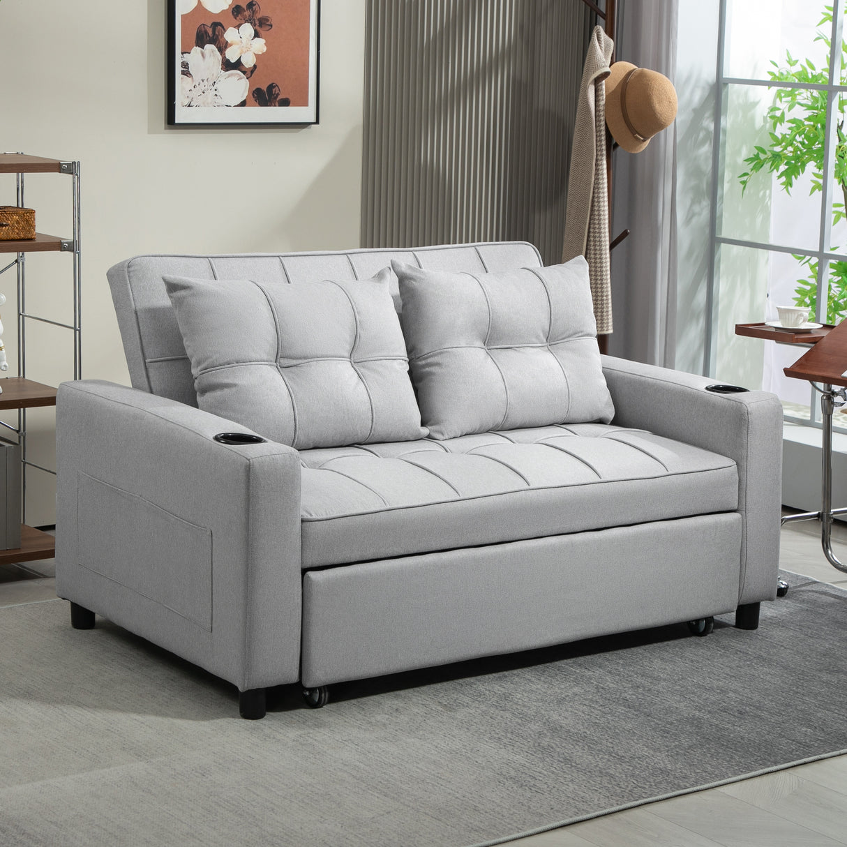 Polyester Fabric 2 Seater Sofa Bed 157cm Wide With 2 Pillows - Velmora