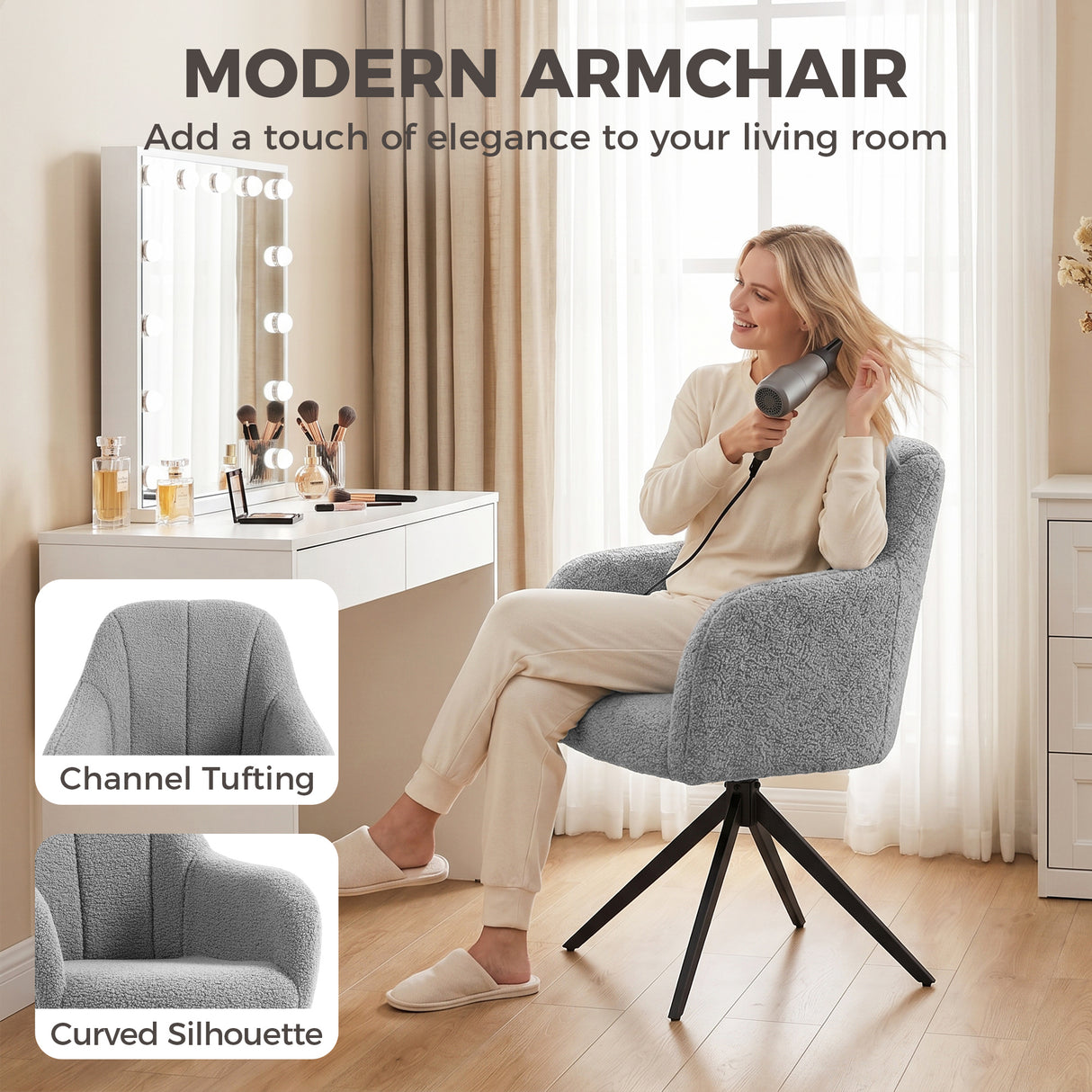 Polyester Fabric Accent Chair 63cm Wide With Steel Legs - Velmora