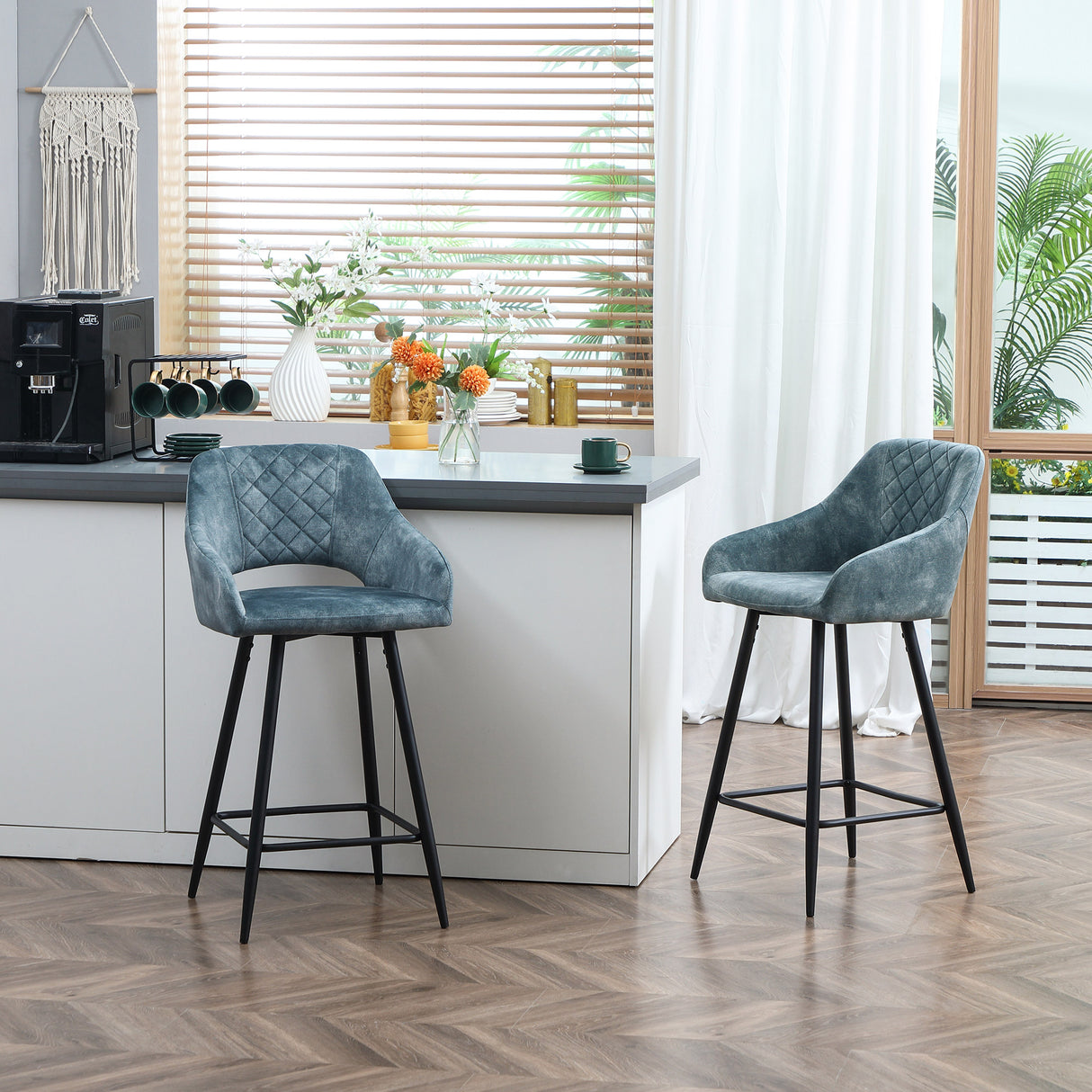 Polyester Fabric Bar Chairs in Set Of 2 With Steel Legs - Velmora