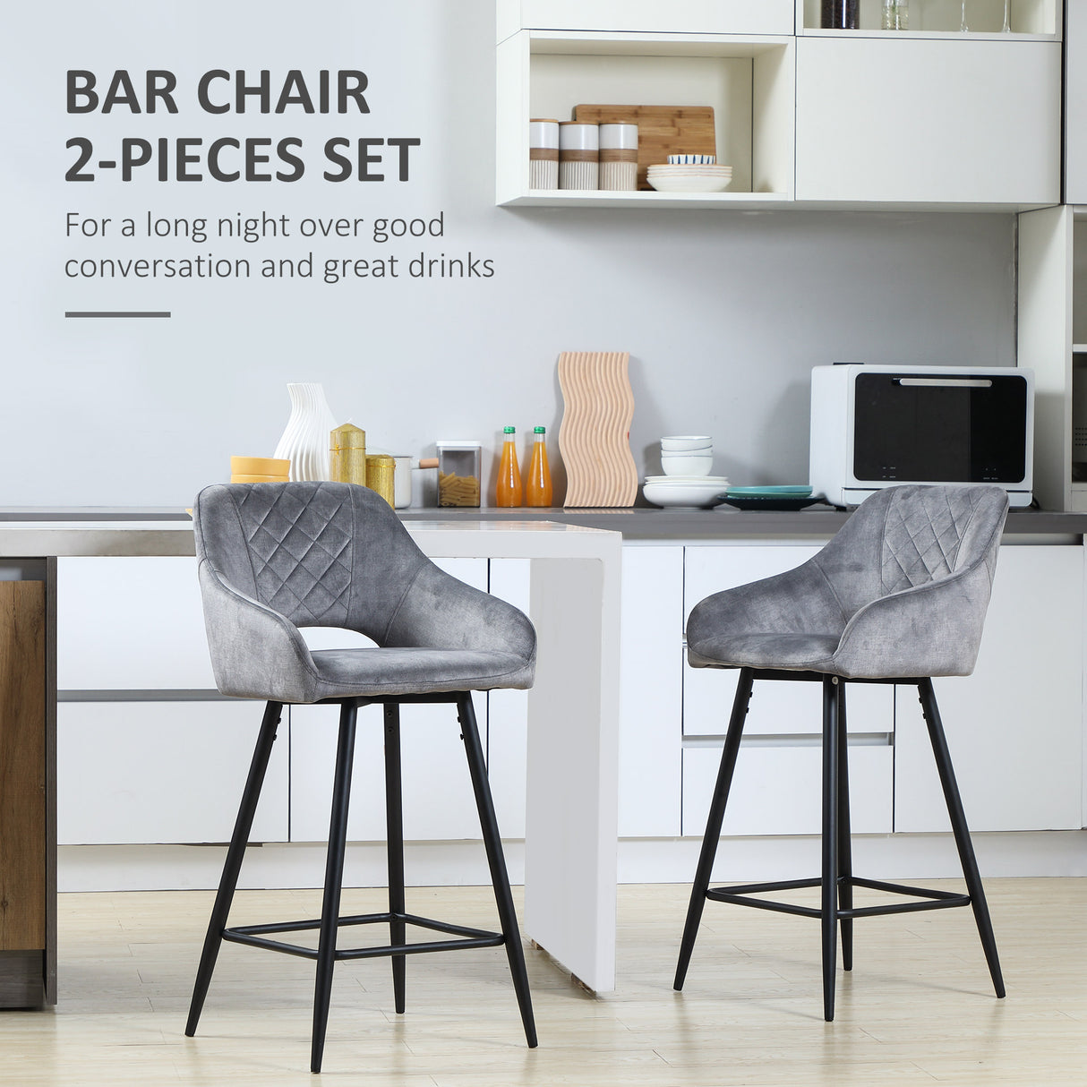 Polyester Fabric Bar Chairs in Set Of 2 With Steel Legs - Velmora