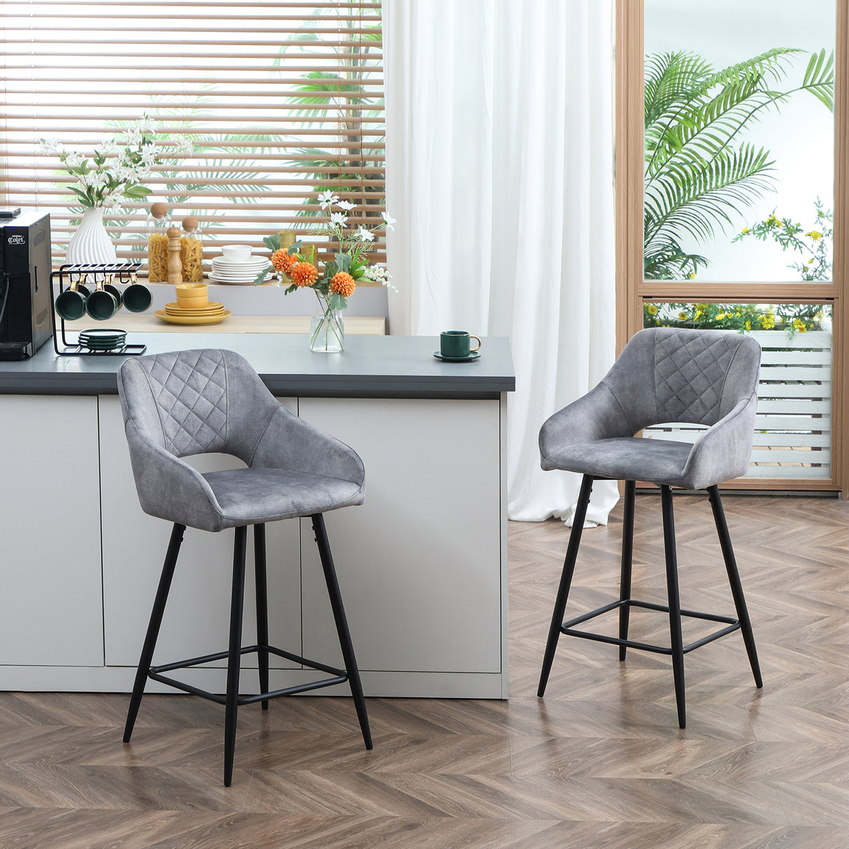 Polyester Fabric Bar Chairs in Set Of 2 With Steel Legs - Velmora