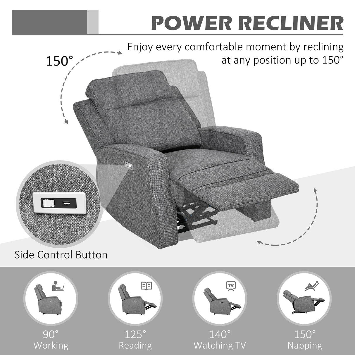 Polyester Fabric Electric Recliner Chair 84cm Wide - Velmora