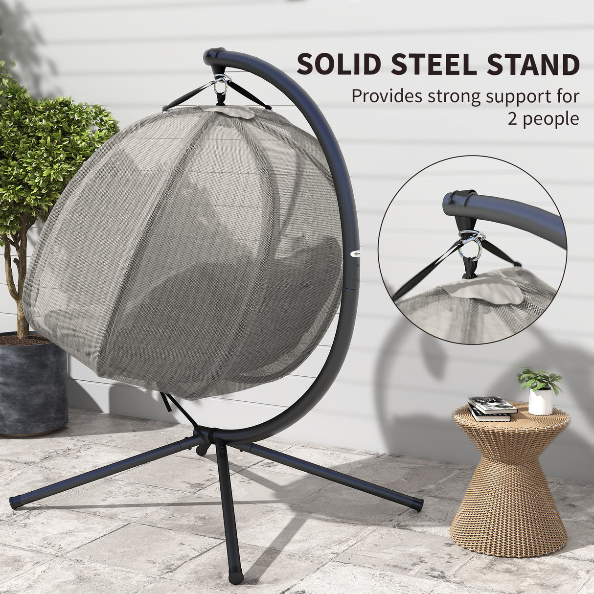 Polyester Fabric Folding Double Egg Swing Chair With Stand And Cushion - Velmora