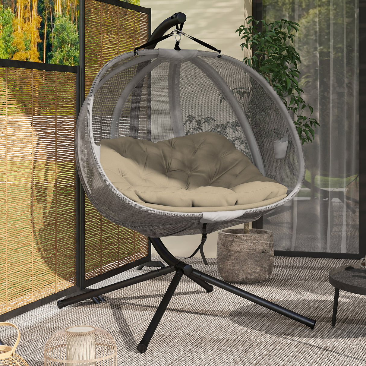 Polyester Fabric Folding Double Egg Swing Chair With Stand And Cushion - Velmora