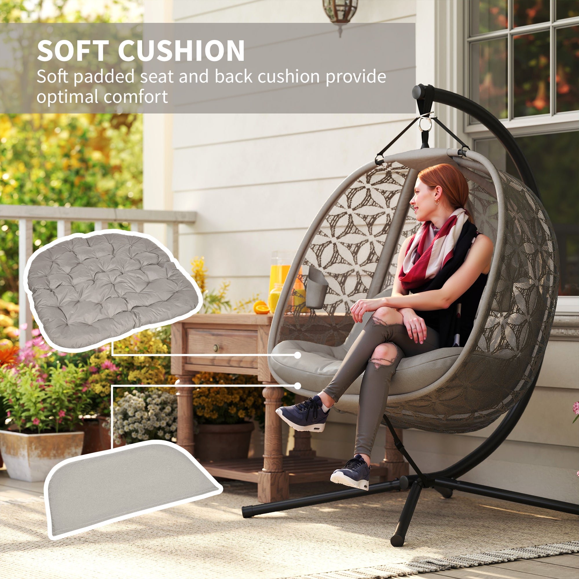 Polyester Fabric Outdoor Double Hanging Swing Chair With Cushion - Velmora