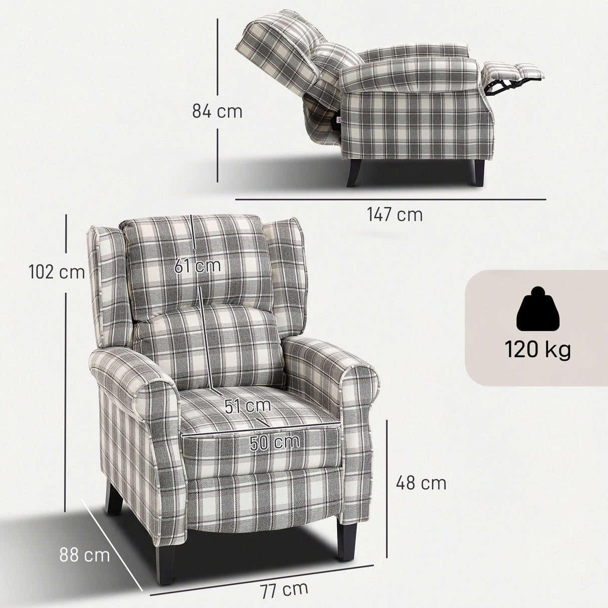 Polyester Fabric Recliner Chair 77cm Wide With Footrest - Velmora