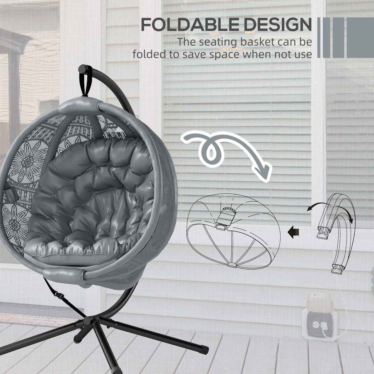 Polyester Fabric Round Egg Basket Swing Chair With Steel Stand - Velmora