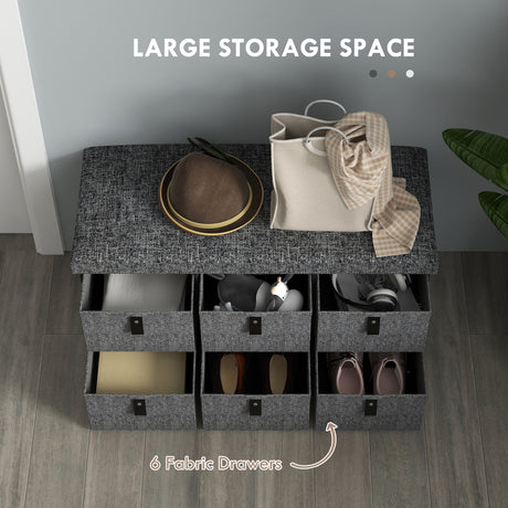 Polyester Fabric Shoe Storage Bench 76.5cm Wide With 6 Drawers - Velmora