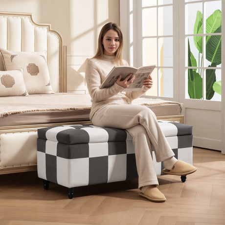 Polyester Fabric Storage Ottoman 114cm Wide With Wooden Legs - Velmora
