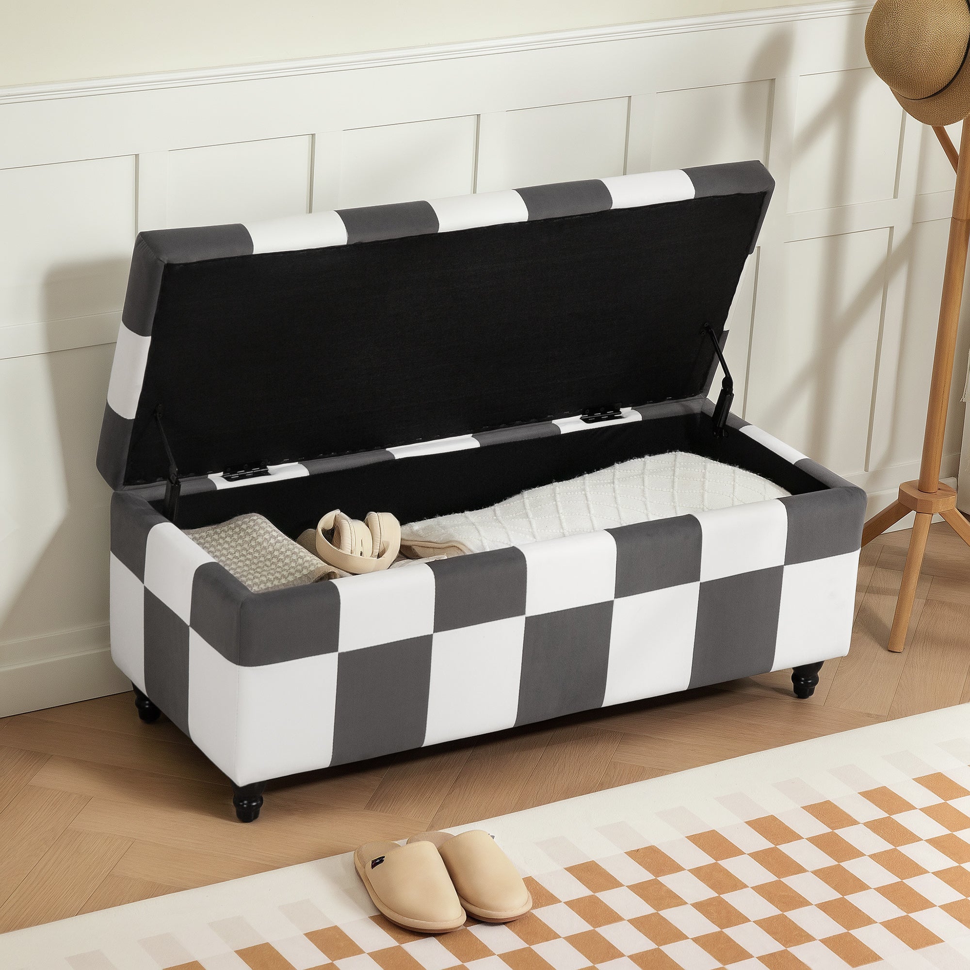 Polyester Fabric Storage Ottoman 114cm Wide With Wooden Legs - Velmora