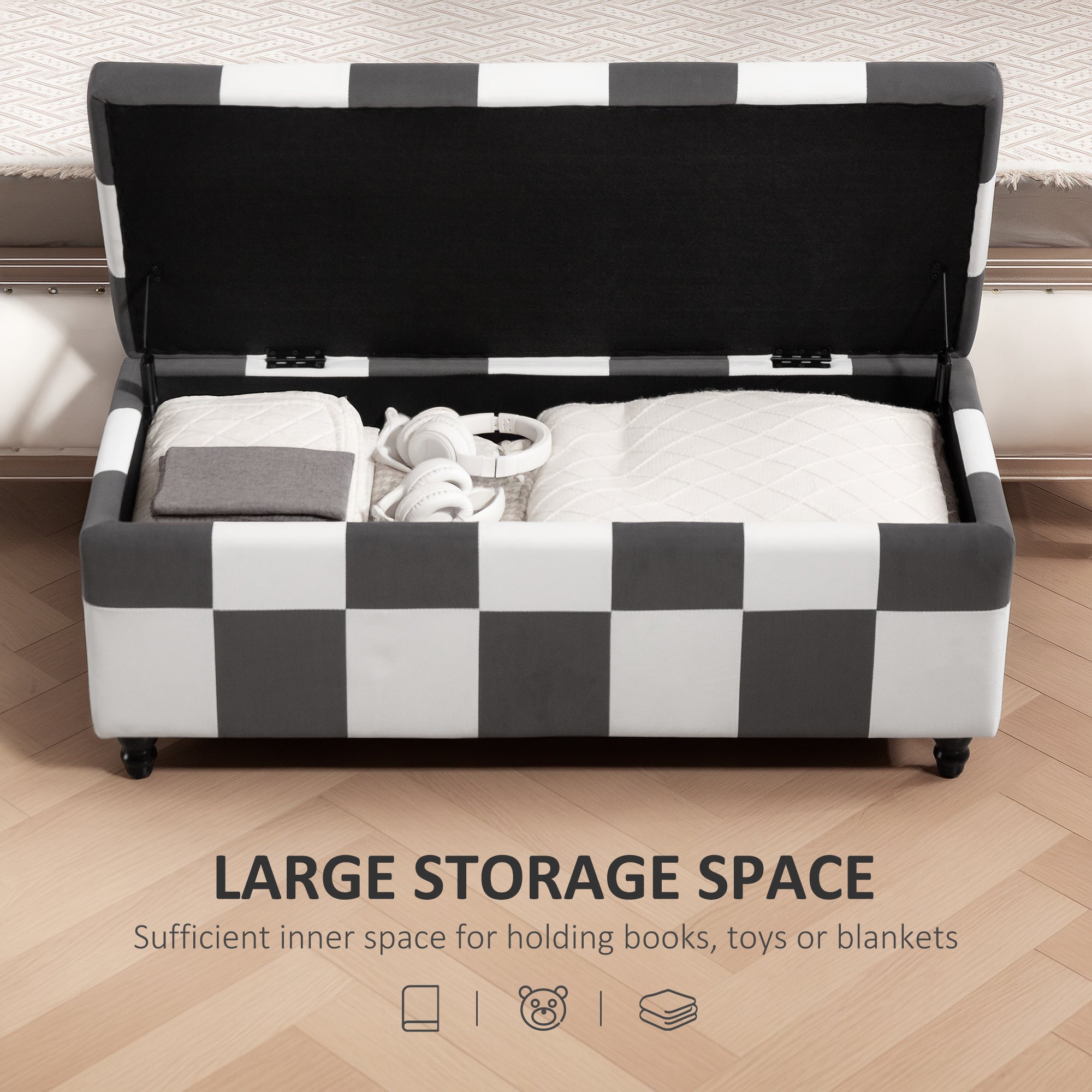Polyester Fabric Storage Ottoman 114cm Wide With Wooden Legs - Velmora