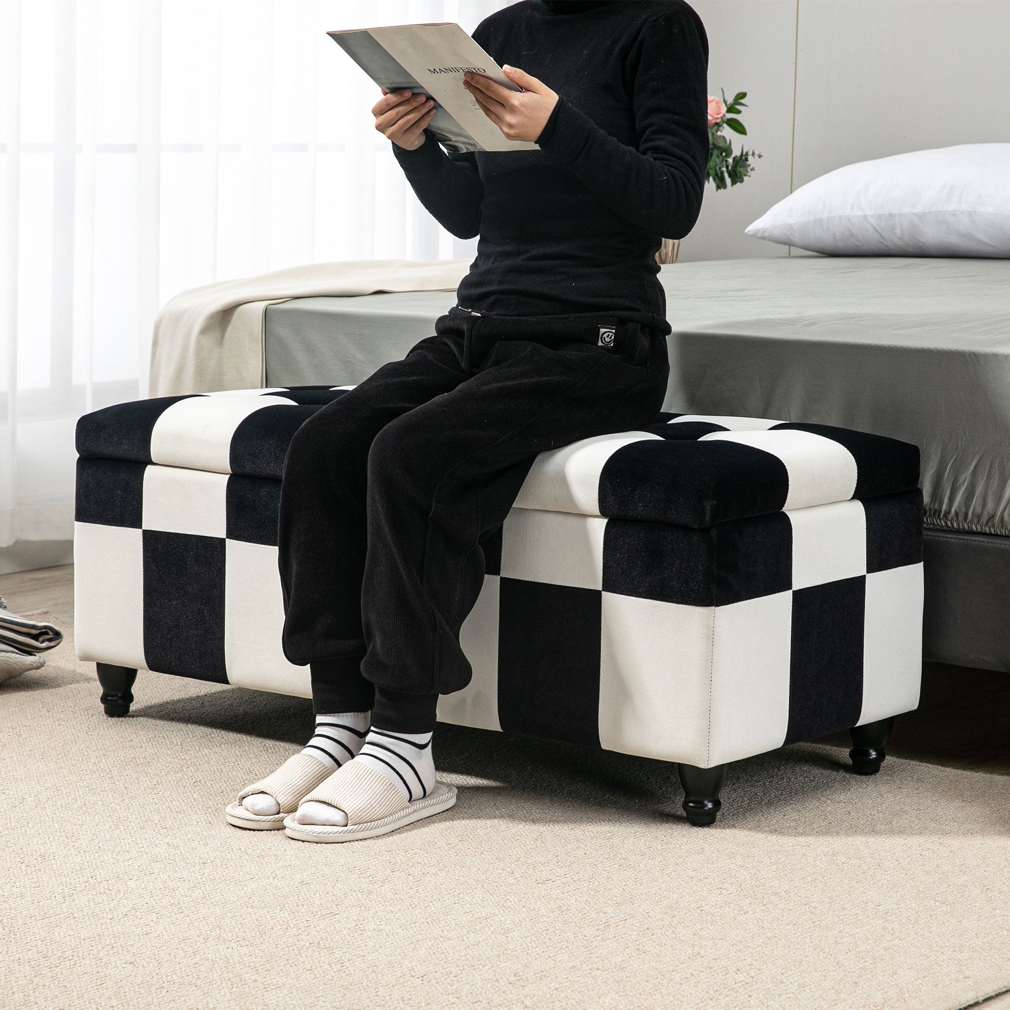Polyester Fabric Storage Ottoman 114cm Wide With Wooden Legs - Velmora