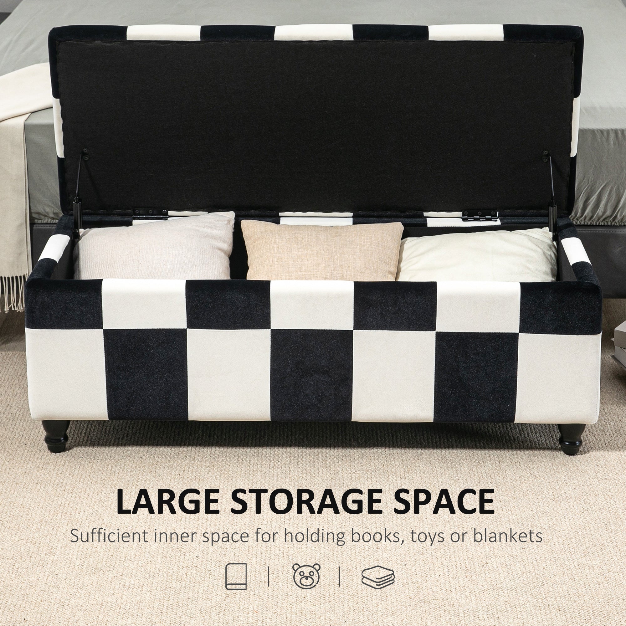 Polyester Fabric Storage Ottoman 114cm Wide With Wooden Legs - Velmora