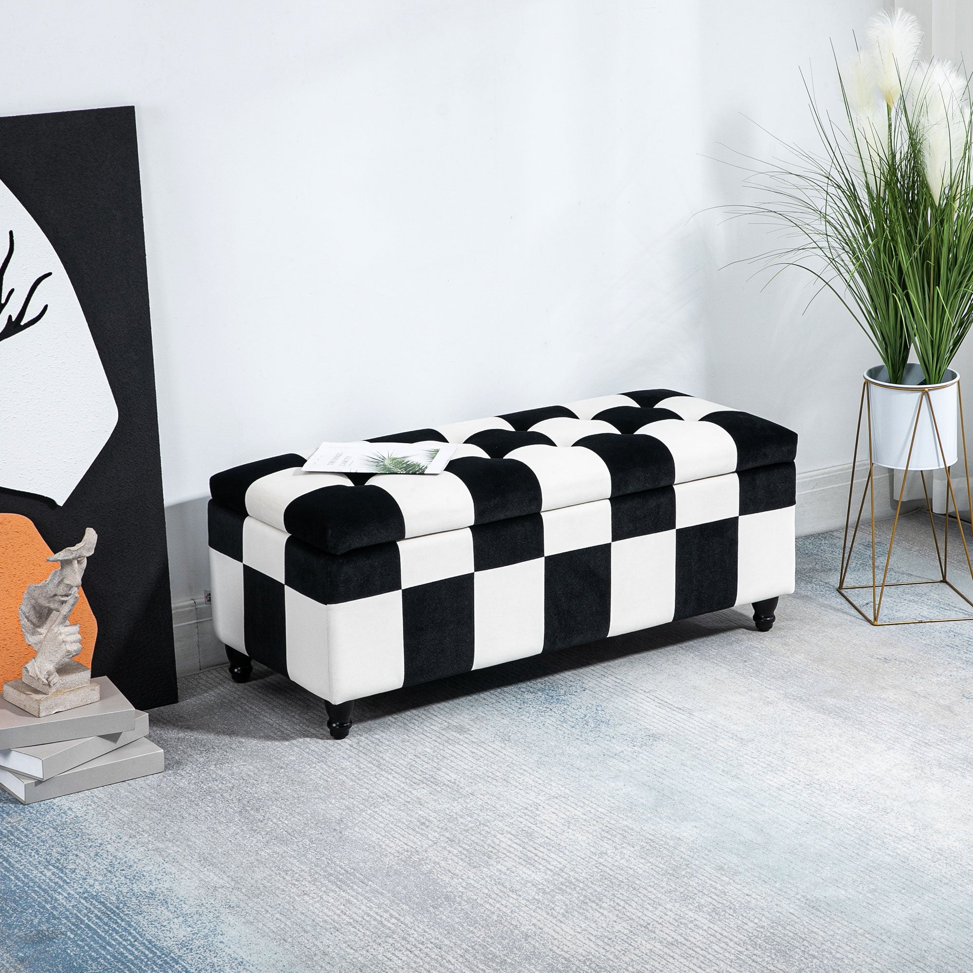 Polyester Fabric Storage Ottoman 114cm Wide With Wooden Legs - Velmora