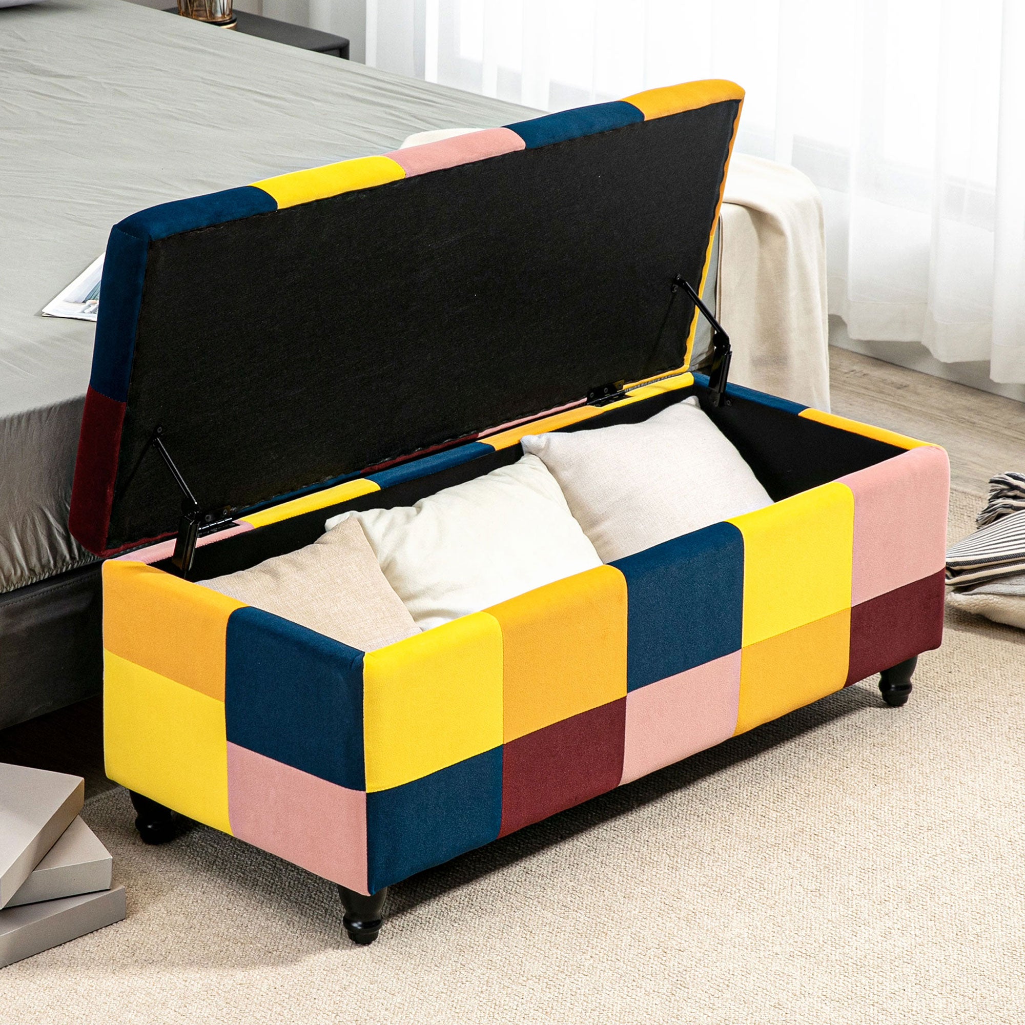 Polyester Fabric Storage Ottoman 114cm Wide With Wooden Legs - Velmora