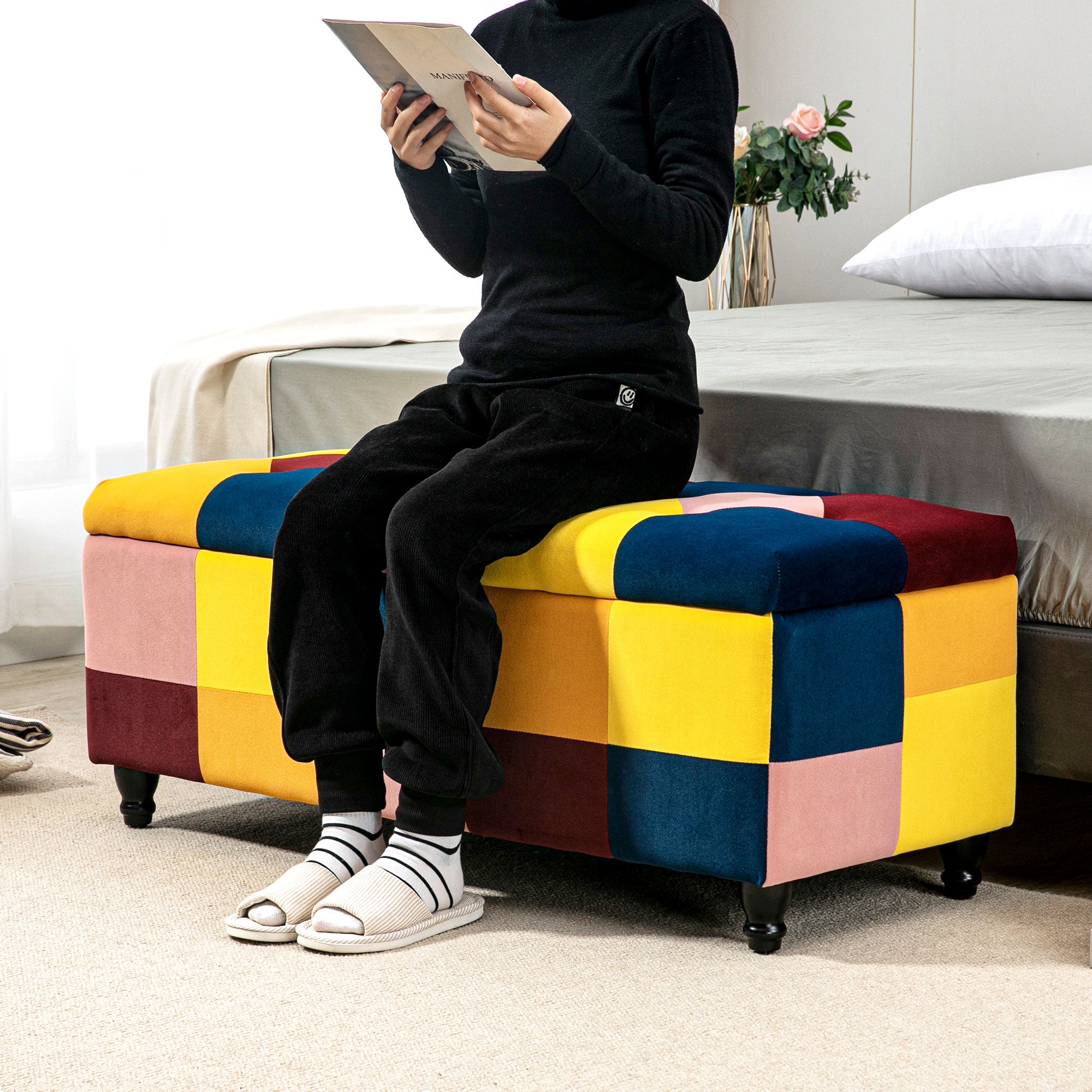 Polyester Fabric Storage Ottoman 114cm Wide With Wooden Legs - Velmora