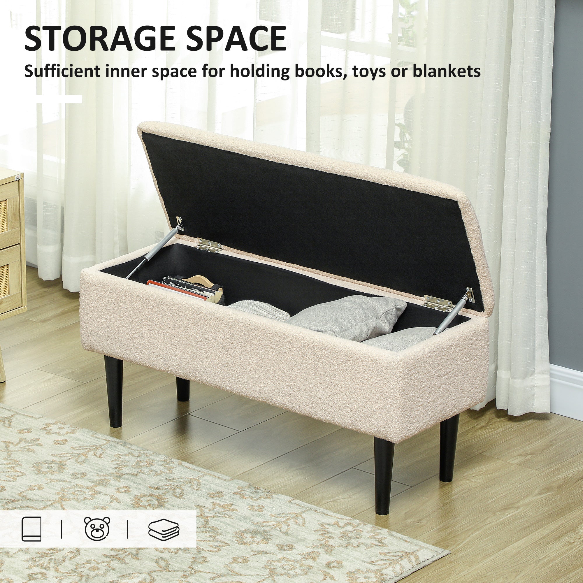 Polyester Fabric Storage Ottoman 95cm Wide With Wooden Legs - Velmora