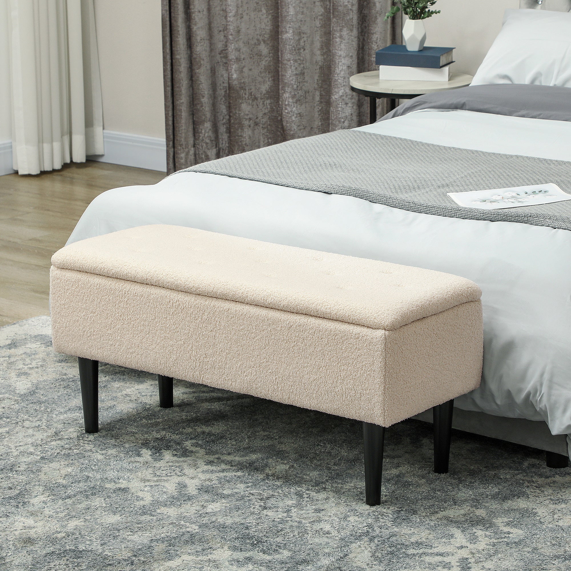 Polyester Fabric Storage Ottoman 95cm Wide With Wooden Legs - Velmora