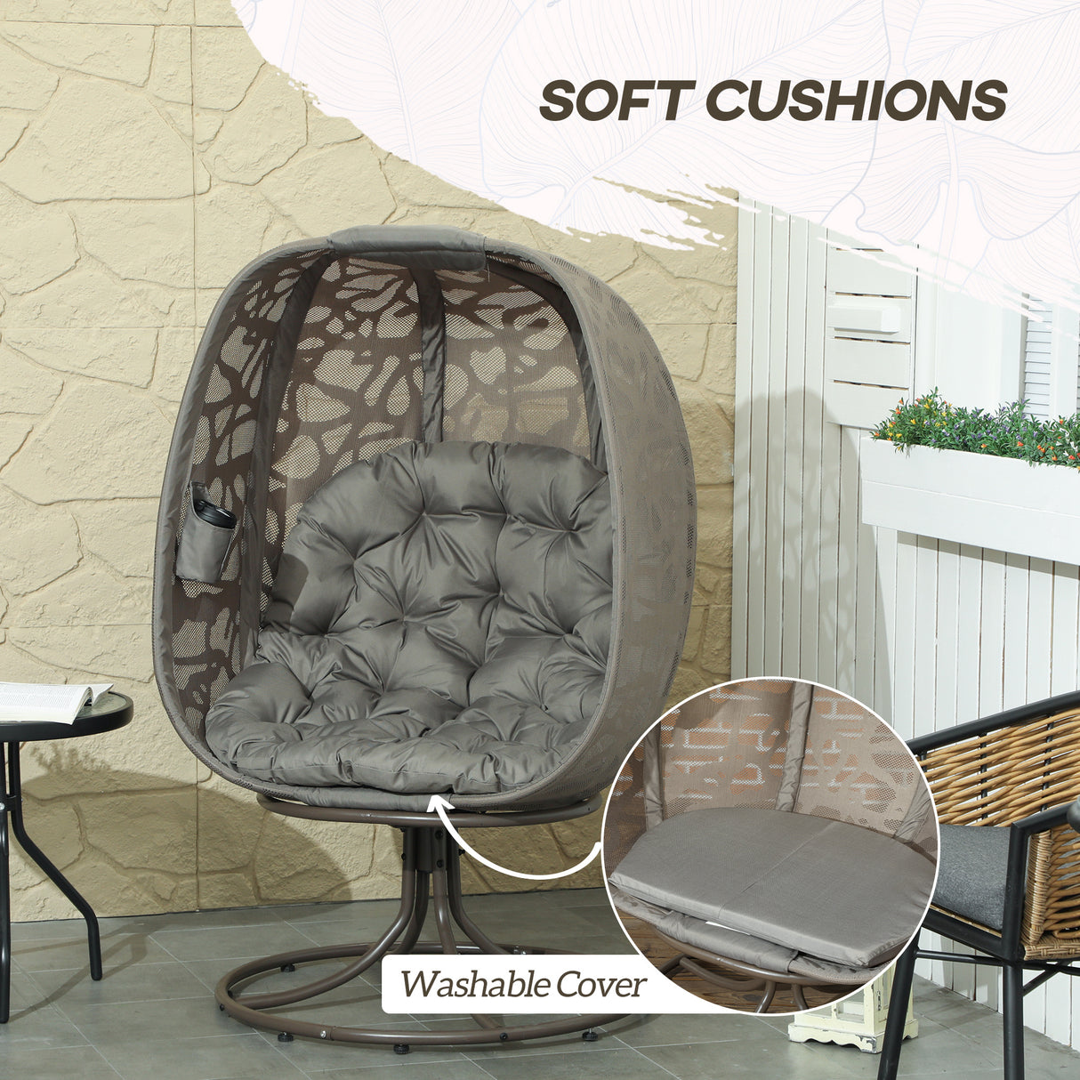Polyester Fabric Swivel Egg Chair With Cushions - Velmora
