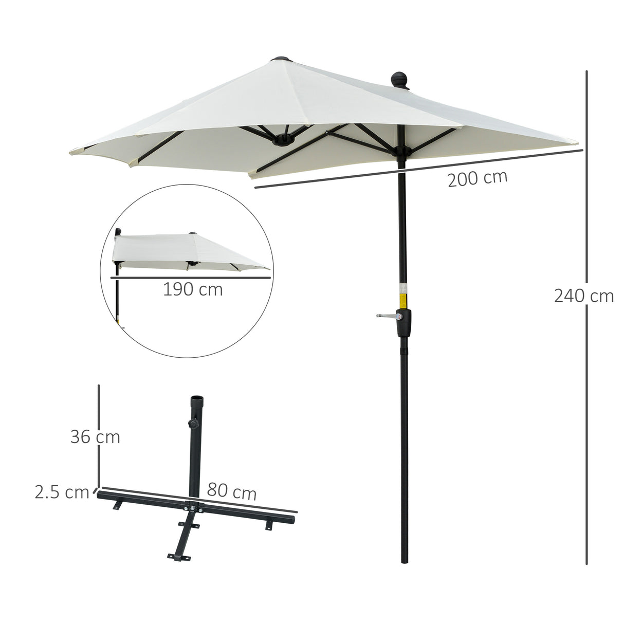 Polyester Half Parasol Umbrella 200cm Wide x 190cm Depth - Velmora