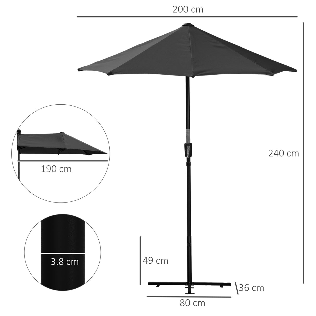 Polyester Half Parasol Umbrella 200cm Wide x 190cm Depth - Velmora