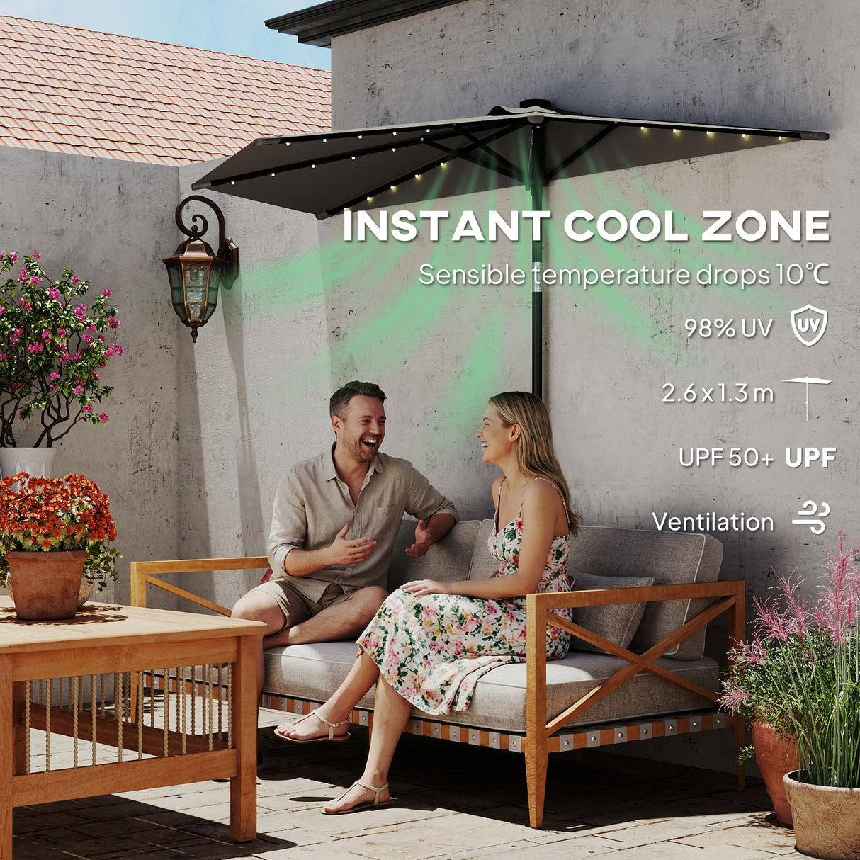 Polyester Half Parasol Umbrella With 25 Solar LED Light 265cm Wide x 135cm Depth - Velmora
