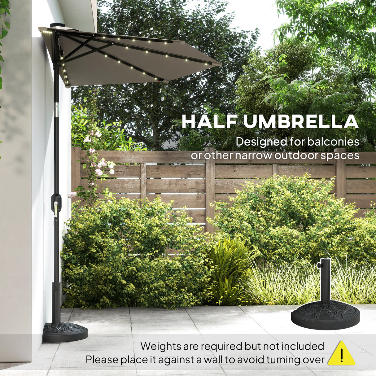 Polyester Half Parasol Umbrella With 25 Solar LED Light 265cm Wide x 135cm Depth - Velmora