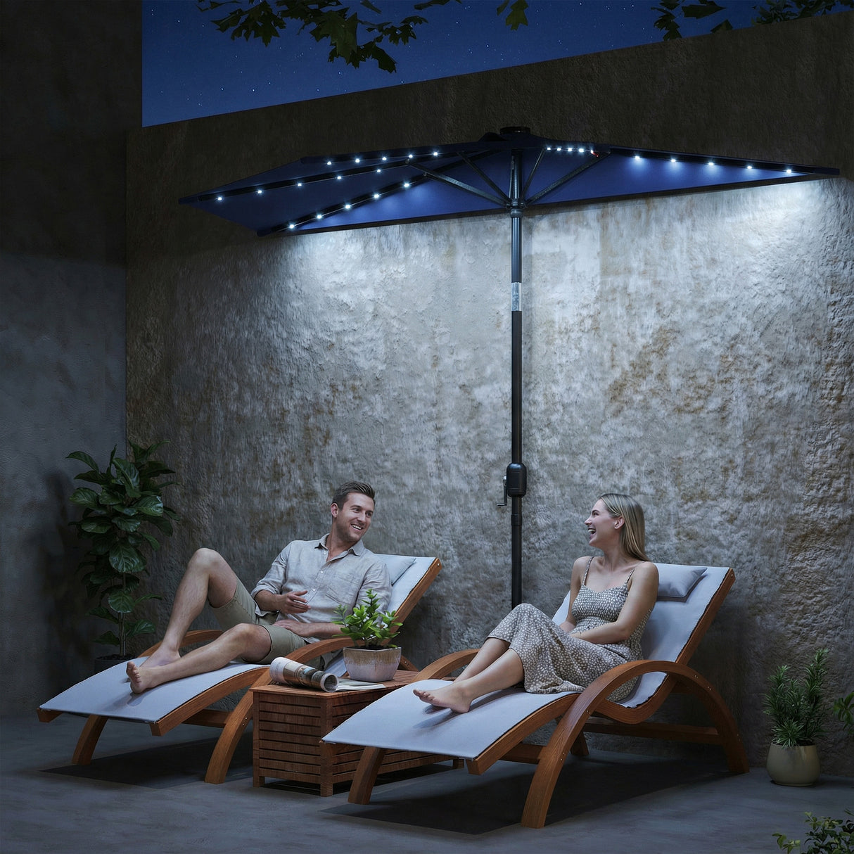 Polyester Half Parasol Umbrella With 25 Solar LED Light 265cm Wide x 135cm Depth - Velmora