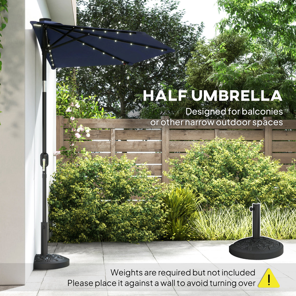 Polyester Half Parasol Umbrella With 25 Solar LED Light 265cm Wide x 135cm Depth - Velmora