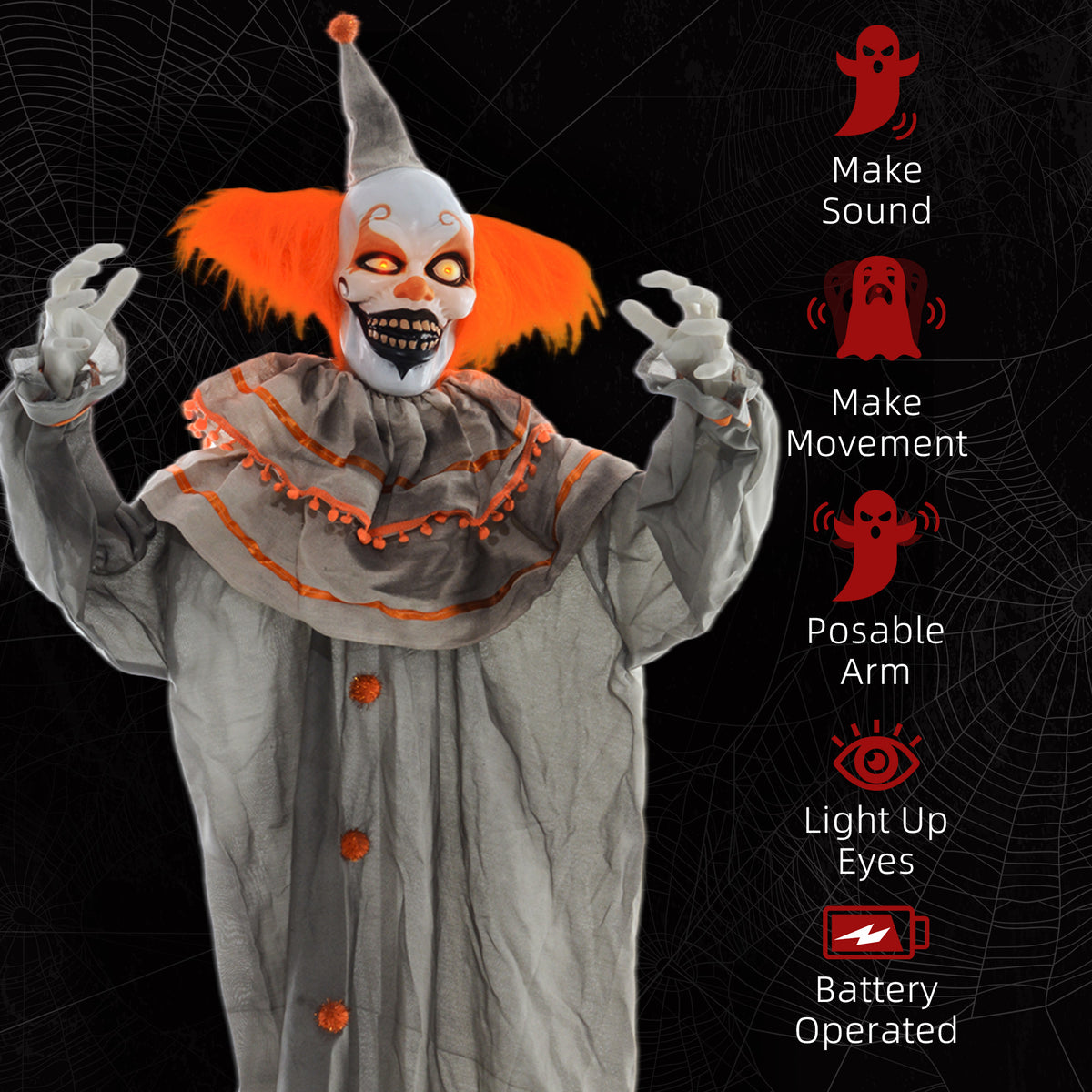Polyester Halloween Clown 183cm High With Glowing Eyes - Velmora