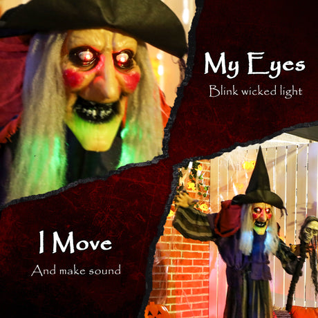 Polyester Halloween Lifelike Moving Witch 160cm High With Glowing Eyes - Velmora