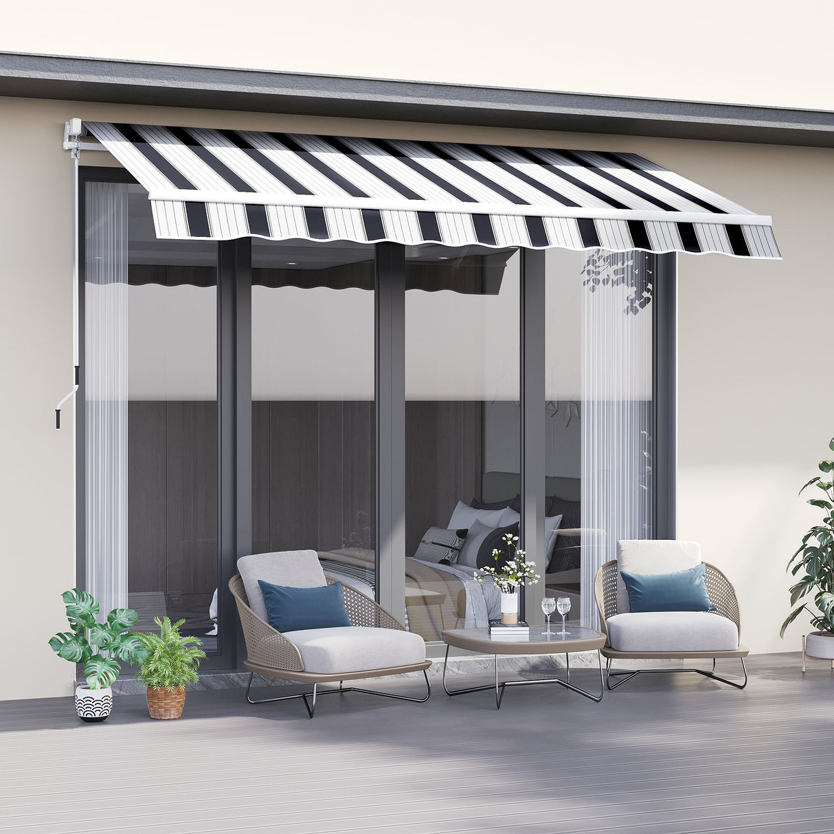 Polyester Manual Retractable Awning 250cm Wide x 237cm Depth With White Stripes - Velmora