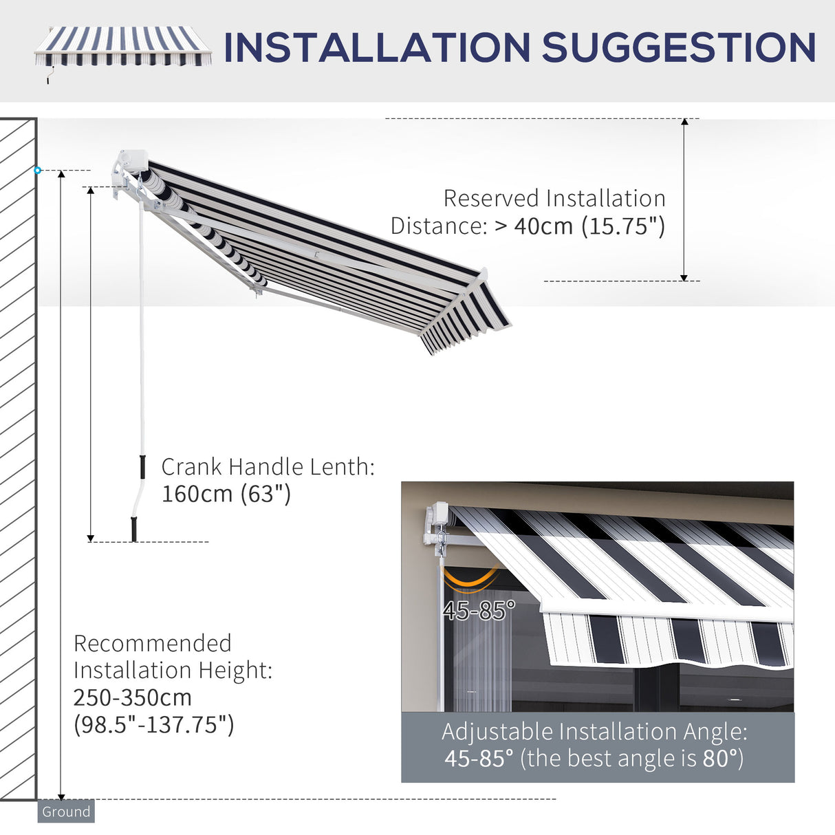 Polyester Manual Retractable Awning 250cm Wide x 237cm Depth With White Stripes - Velmora