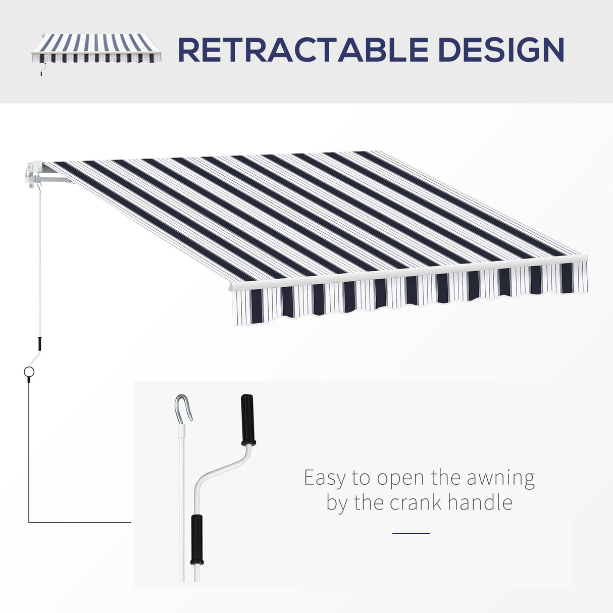 Polyester Manual Retractable Awning 250cm Wide x 237cm Depth With White Stripes - Velmora